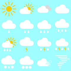 Flat simple image with sun, clouds, rain, lightning, snow, wind, breeze, hailstones, storm isolated on blue background. Collection of weather icons. Vector illustration set for weather forecasting.