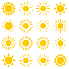 Flat simple image with sun set isolated on white background. Collection of weather icons. Vector illustration sunshine for weather forecasting. Picture with day star. Various images of sunlight.