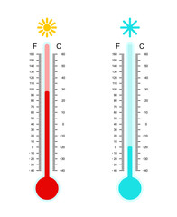 Flat simple image with hot and cold meteorology thermometer isolated on white background. Collection of weather icons. Vector illustration of Celsius and Fahrenheit temperature measuring devices.