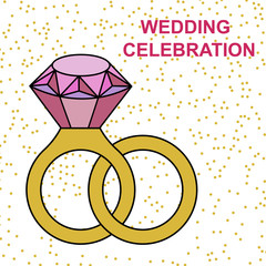Flat simple image with wedding rings, gold sparkles on whitebackground. Vector illustration of wedding card with text "wedding ctltbration". Gold rings with a diamond for a wedding celebration