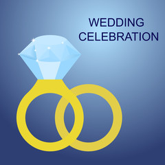 Flat simple image with wedding rings, sparkles on blue background. Vector illustration of wedding card with text "wedding ctltbration". Gold rings with a diamond for a wedding celebration