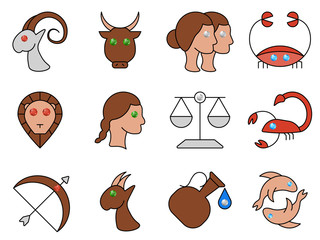 Flat simple image with zodiac signs isolated on white background. Collection of icons of Aries, Taurus,Twins, Cancer,Leo,Virgo,Libra, Scorpio,Sagittarius,Capricorn,Aquarius,Pisces. Vector illustration