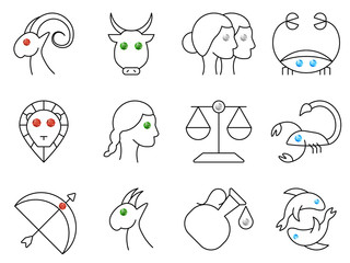 Flat simple image with zodiac signs isolated on white background. Collection of icons of Aries, Taurus,Twins, Cancer,Leo,Virgo,Libra, Scorpio,Sagittarius,Capricorn,Aquarius,Pisces. Vector illustration