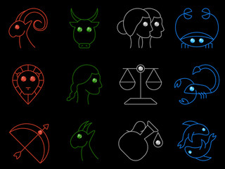 Flat simple image with zodiac signs isolated on black background. Collection of icons of Aries, Taurus,Twins, Cancer,Leo,Virgo,Libra, Scorpio,Sagittarius,Capricorn,Aquarius,Pisces. Vector illustration