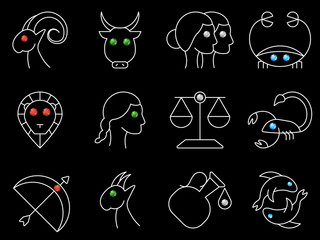 Flat simple image with zodiac signs isolated on black background. Collection of icons of Aries, Taurus,Twins, Cancer,Leo,Virgo,Libra, Scorpio,Sagittarius,Capricorn,Aquarius,Pisces. Vector illustration