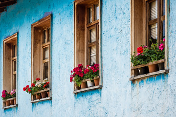 Fototapeta na wymiar Brown Wooden Framed Windows on Blue Wall