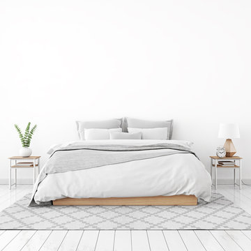 Home interior wall mock up with unmade bed, plaid,cushions and plant in white bedroom. 3D rendering.