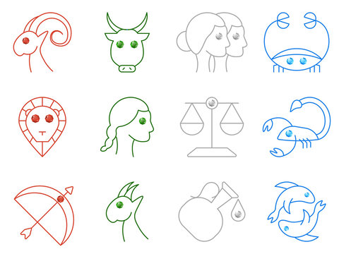 Flat simple image with zodiac signs isolated on white background. Collection of icons of Aries,Taurus, Twins, Cancer,Leo,Virgo,Libra, Scorpio,Sagittarius,Capricorn,Aquarius,Pisces. Vector illustration