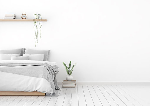Home interior wall mock up with unmade bed, plaid,cushions and plant in white bedroom. Free space on right. 3D rendering.