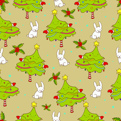 New Year cartoon seamless background, elegant funny Christmas tr