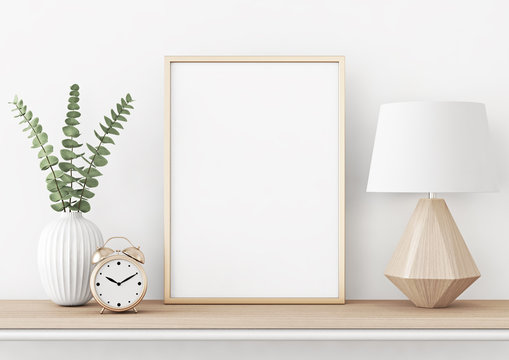 Home interior poster mock up with vertical metal frame, plant in vase and lamp on white wall background. 3D rendering.