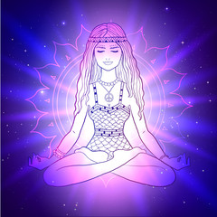 Young woman sitting at pose of lotus and meditating