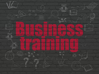 Learning concept: Painted red text Business Training on Black Brick wall background with Scheme Of Hand Drawn Education Icons