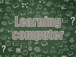 Education concept: Chalk Pink text Learning Computer on School board background with  Hand Drawn Education Icons, School Board