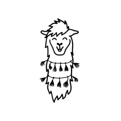 Vector illustration of cute character south America lama with decorations. Isolated outline cartoon baby llama. Hand drawn Peru animal guanaco, alpaca, vicuna. Drawing for print, fabric.