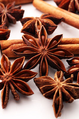cinnamon stick and star anise spice on white background.