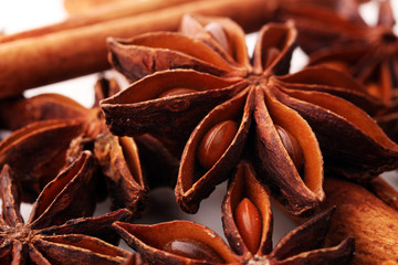 cinnamon stick and star anise spice on white background.