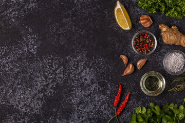 Background with spices, herbs and olive oil.