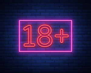 Eighteen plus, age limit, sign in neon style. Only for adults. Night bright neon sign, symbol 18 plus. Vector Illustration - obrazy, fototapety, plakaty