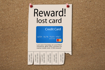 Lost credit cards are the theme of this illustration. Lost, stolen or damaged credit card replacement is illustrated with a wanted poster for a lost credit card. Obviously lighthearted is includes gen