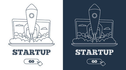 Business startup concept. Rocket flying out from laptop. Line art.