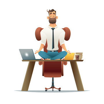 Yoga at job. Businessman relaxing in lotus position on table with computer at workplace. Cartoon style man meditation in office.