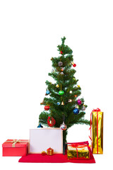 Decorated Christmas tree and gift boxes on white background