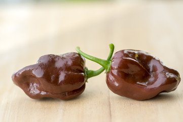 Group of ripened capsicum chinenses very hot peppers on wooden table, Habanero chocolate