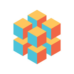 Obraz premium Kostka geometryczna z 8 mniejszych kostek izometrycznych. Element projektu streszczenie. Koncepcja nauki lub budowy. Obiekt wektorowy 3D.