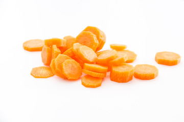 Sliced carrots on white background.