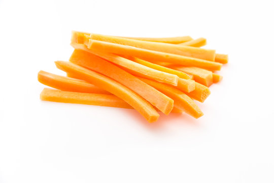 Sliced carrots on white background.