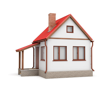 3d rendering of a small residential house with a chimney and a red roof on a white background.