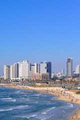 TEL AVIV, ISRAEL- APRIL, 2017: View of the skyscrapers of Tel Aviv from the Mediterranean Sea.
