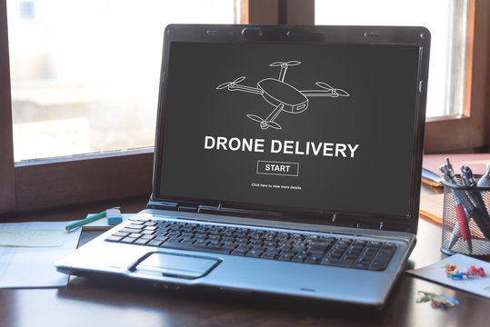 Drone delivery concept on a laptop screen