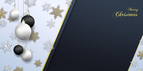 Merry Christmas - banner with gold glitter nad snow snowflakes with baubles ( xmas , holiday )