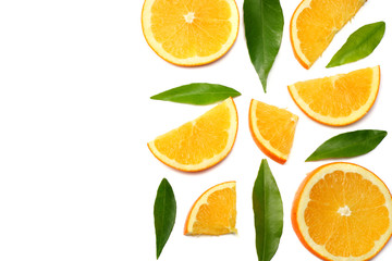 healthy food. sliced orange with green leaf isolated on white background top view