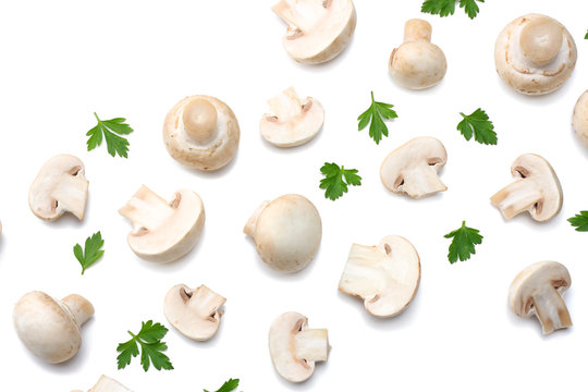 Mushrooms With Parsley Isolated On White Background. Top View