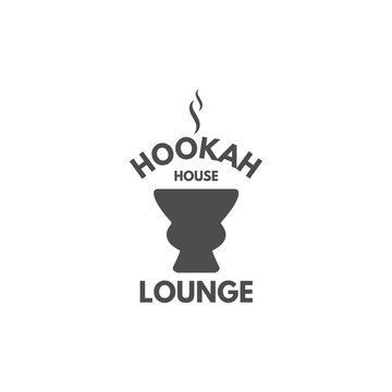 Hookah relax label, badge. Vintage shisha logo with hookah bowl symbol. Lounge cafe emblem. Arabian bar or house, shop. Isolated. Stock illustration. Monochrome design