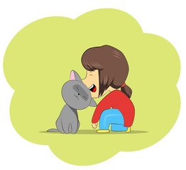 Cartoon girl and grey cat