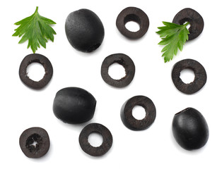 Marinated slices black olives isolated on white background. top view