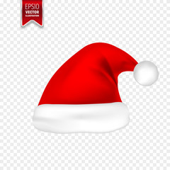 Christmas Santa Claus Hats With Shadow Set. New Year Red Hat Isolated on Transparent Background. Vector illustration.