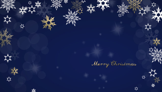 Merry Christmas with lots of snowflakes on blue background.