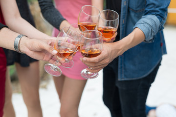  Happy time. Group of friends having fun. young people laugh. celebrating New Year together. Group of beautiful young people of friends toasting with champagne