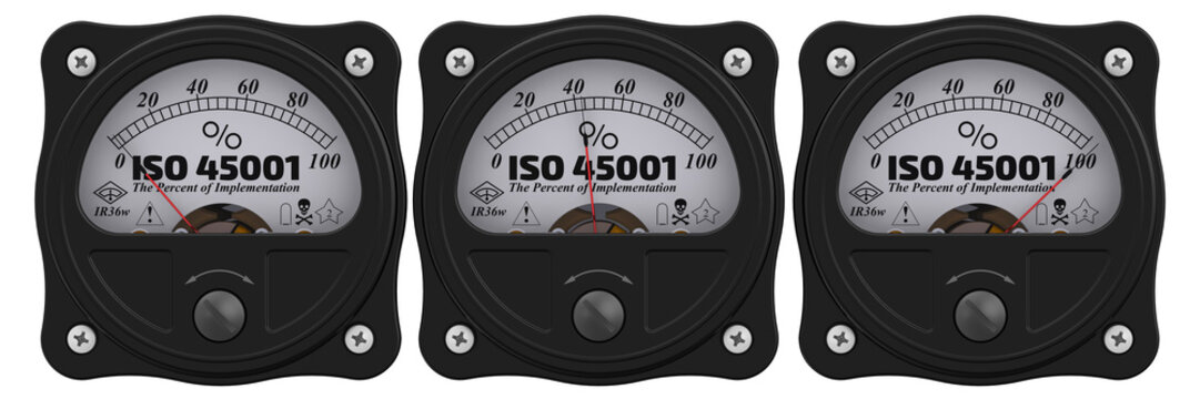 ISO 45001. The percent of implementation. Analog indicator showing the level of implementation "ISO 45001" (ISO 45001 - Occupational Health and Safety Management Standard, set to replace OHSAS 18001)