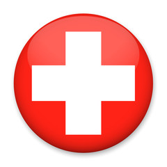 Obraz premium Flag of Switzerland in the form of a round button with a light glare and a shadow. The symbol of Independence Day, a souvenir, a button for switching the language on the site, an icon.