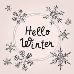 Naklejka na ściany i meble Hello Winter vector banner template. Lettering in circle frame with snowflakes
