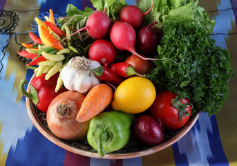 Set of vegetables and herbs for the salad on a platter.The upper projection.