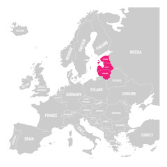 Obraz premium Baltic states Estonia, Latvia and Lithuania pink highlighted in the political map of Europe. Vector illustration.