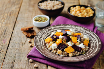 Roasted pumpkin and beet barley chickpeas pepita salad