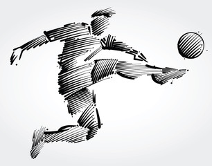soccer player flying to kick the ball made of black brushstrokes on light background
